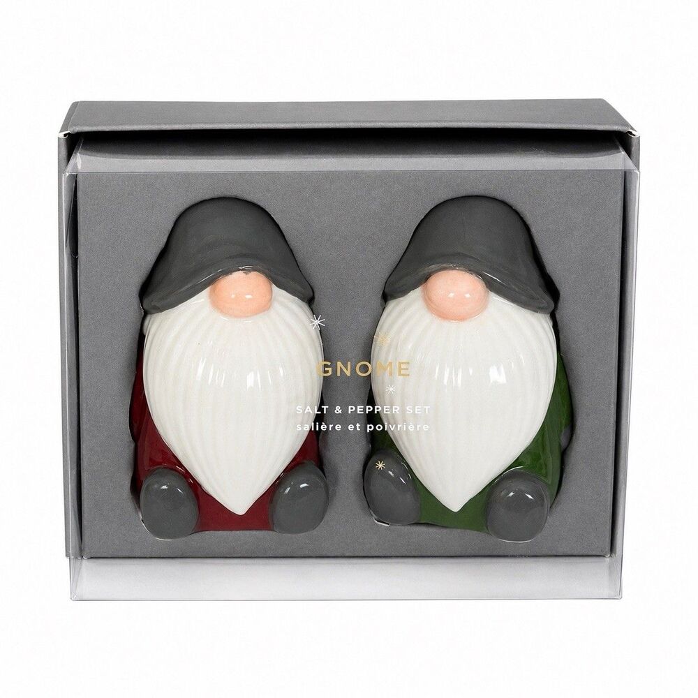 Pottery Barn Ceramic Gnome Salt & Pepper Shakers Holiday Christmas Red Green